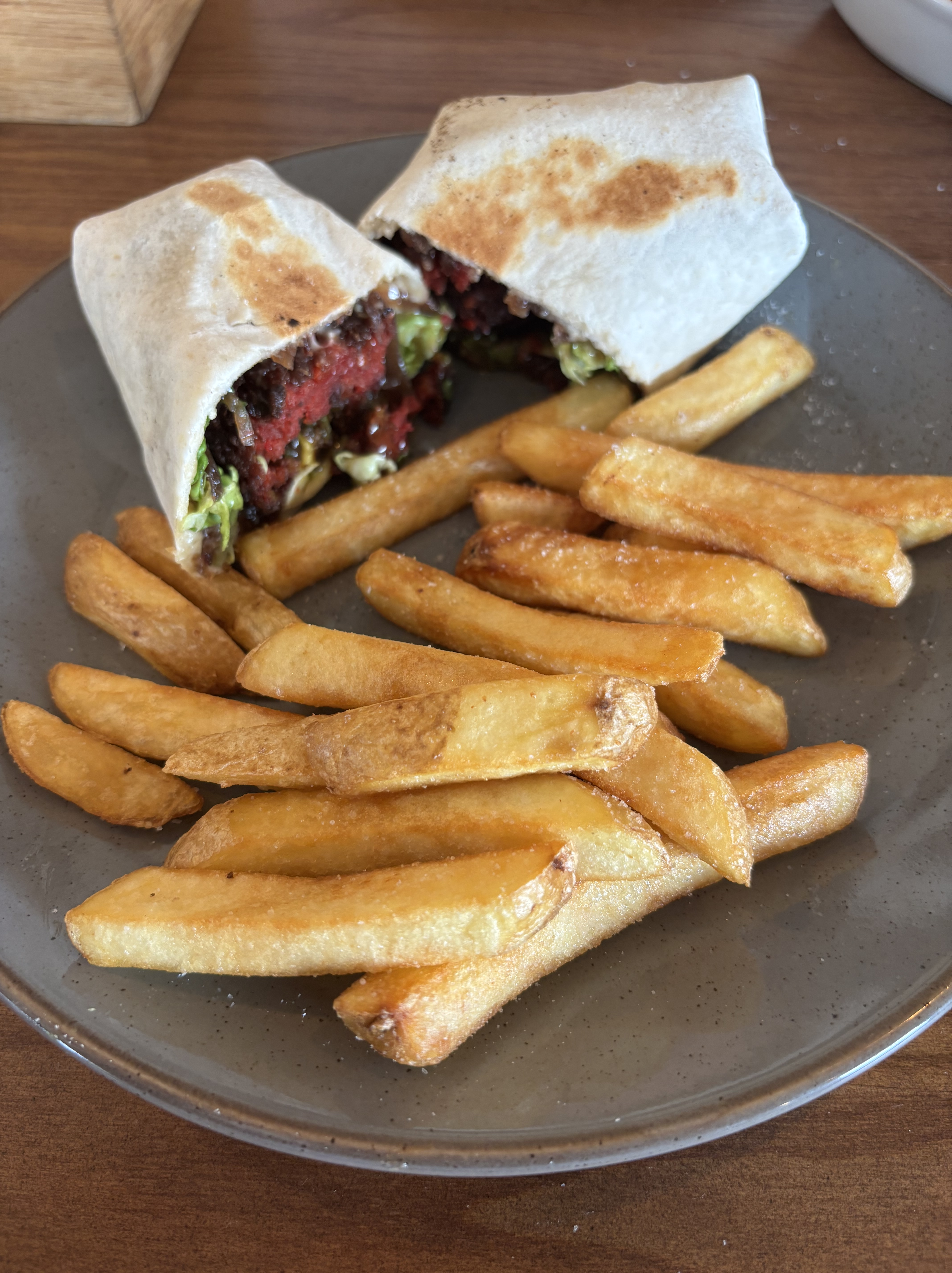 Beetroot and sweet potato falafel wrap with a side of skin on fries